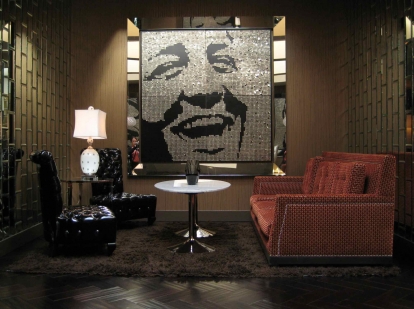 DEAN – 2008 – HOTEL RIVIERA - Palm Springs, California - Guatemalan coins and stainless steel nails on four black stained boards  - 80” x 80” 