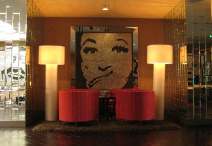 PHYLLIS – 2008 – HOTEL RIVIERA - Palm Springs, California - Guatemalan coins and stainless steel nails on four black stained boards  - 80” x 80” 