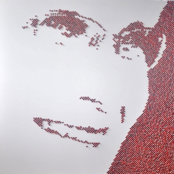 MOM – 2013 - Red shell hearts and stainless steel nails on white lacquered board - 60” x 60” - N/A