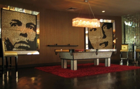 FRANK AND NORMA JEAN – 2008 – HOTEL RIVIERA - Palm Springs, California - Guatemalan coins and stainless steel nails on four black stained boards  - 80” x 80” 
